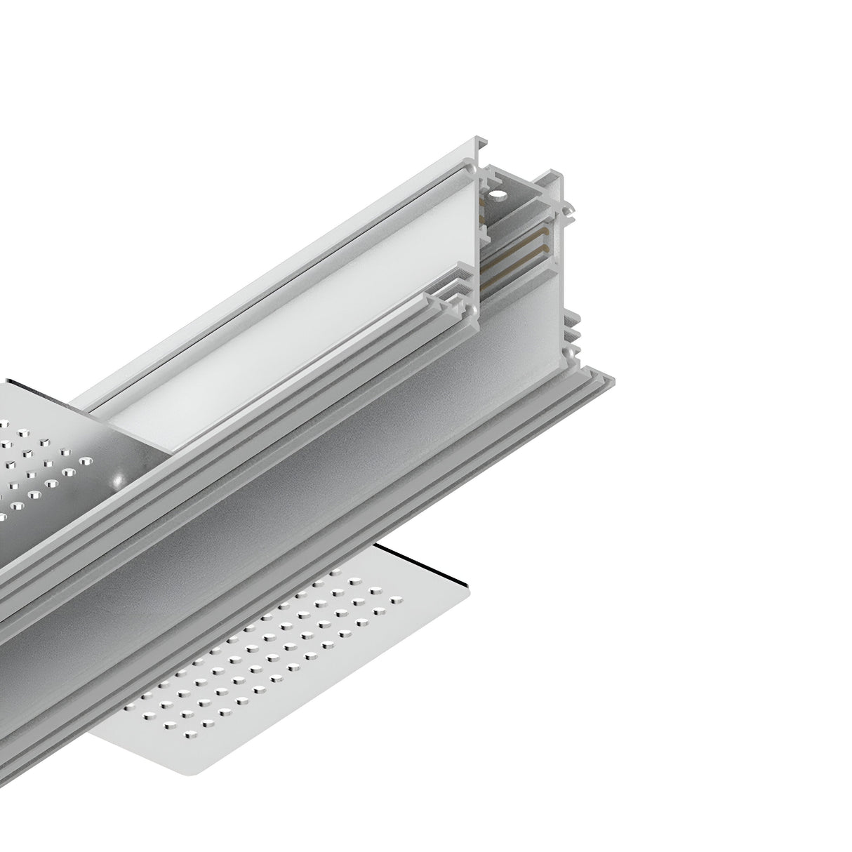 Close-up of the Luxeon-2 Recessed Magnetic Track 1m in White, featuring a metal beam frame with an attached perforated platform. Made from premium aluminium, this product boasts a rectangular cross-section with slots for connecting additional components, allowing for customizable lighting and exhibiting a modern industrial design.