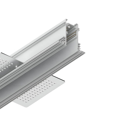 Close-up of the Luxeon-2 Recessed Magnetic Track 1m in White, featuring a metal beam frame with an attached perforated platform. Made from premium aluminium, this product boasts a rectangular cross-section with slots for connecting additional components, allowing for customizable lighting and exhibiting a modern industrial design.