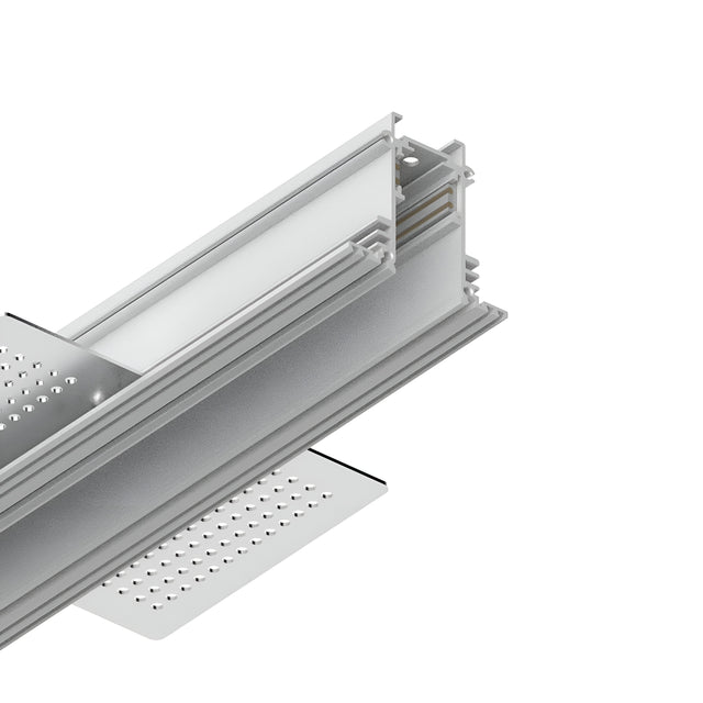 Here's a revised version of the sentence using the given product data:

Close-up of a metallic L-shaped bracket with perforated flanges, expertly crafted for structural or mounting purposes. Highlighting its aluminium construction and smooth finish, it’s ideal for integrating into Luxeon-1 Recessed Magnetic Track 2m - White lighting solutions.