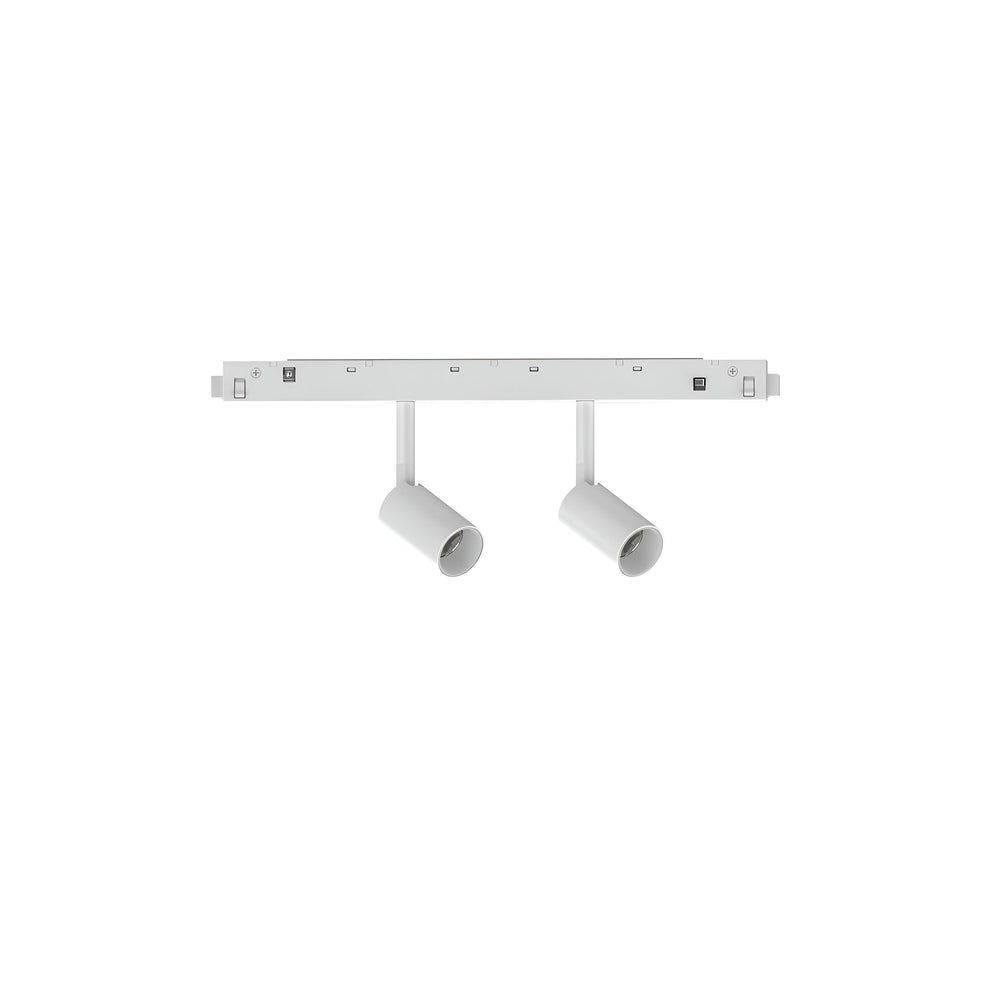 The Luxeon LED Magnetic Twin Track Spotlight 5W 3000K - White is a modern, minimalist ceiling light fixture with two spotlights on a linear base. Its sleek and simple design makes it ideal for contemporary interiors.