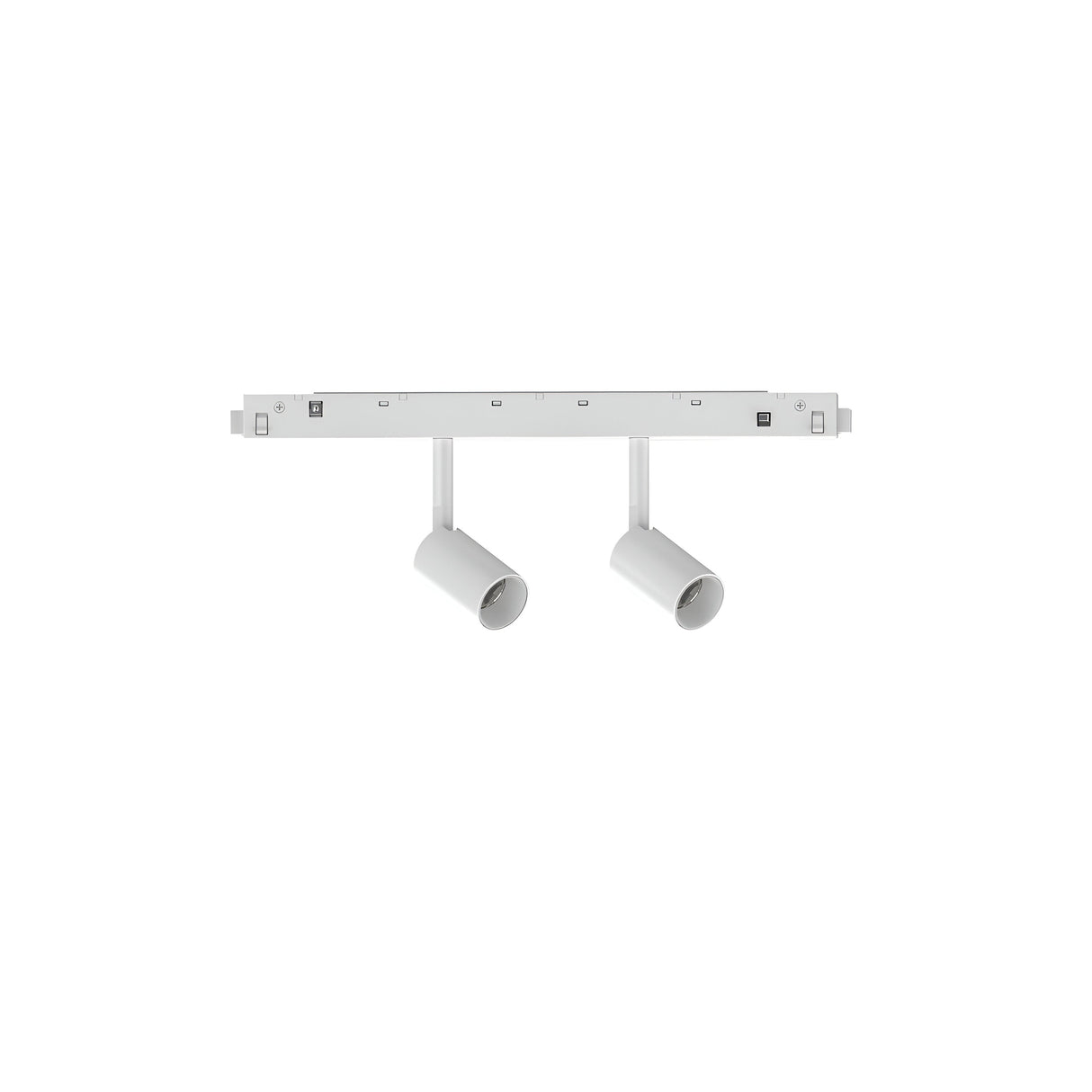 The Luxeon LED Magnetic Twin Track Spotlight 5W 3000K - White is a modern, minimalist ceiling light fixture with two spotlights on a linear base. Its sleek and simple design makes it ideal for contemporary interiors.