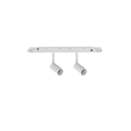 The Luxeon LED Magnetic Twin Track Spotlight 5W 3000K - White is a modern, minimalist ceiling light fixture with two spotlights on a linear base. Its sleek and simple design makes it ideal for contemporary interiors.