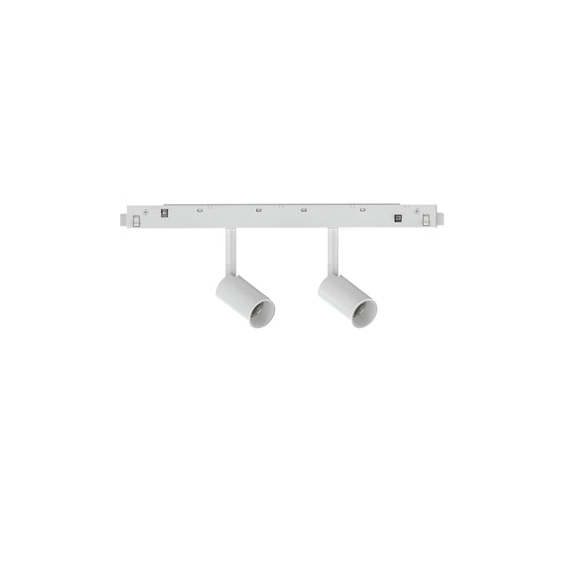 The Luxeon LED Magnetic Twin Track Spotlight 5W 3000K - White is a modern, minimalist ceiling light fixture with two spotlights on a linear base. Its sleek and simple design makes it ideal for contemporary interiors.