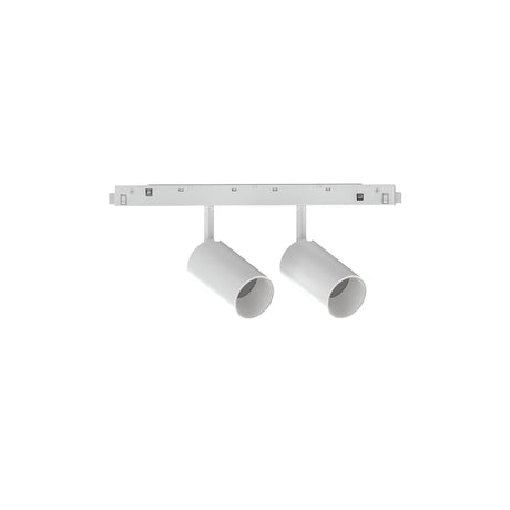 Introducing the Luxeon LED Magnetic Twin Track Spotlight: a sleek, modern ceiling fixture with two adjustable cylindrical lights. This 16W white track light is perfect for contemporary interiors, featuring a minimalist design and 3000K illumination.