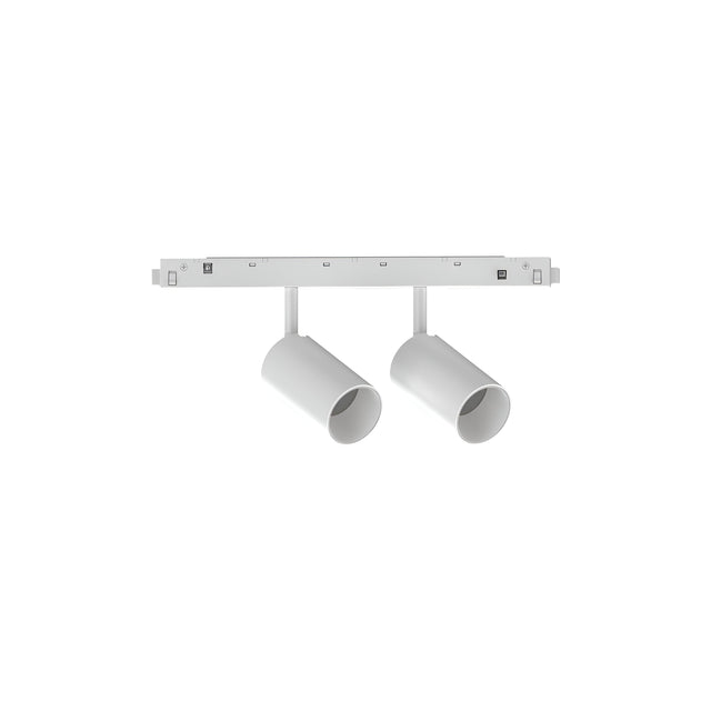 Introducing the Luxeon LED Magnetic Twin Track Spotlight: a sleek, modern ceiling fixture with two adjustable cylindrical lights. This 16W white track light is perfect for contemporary interiors, featuring a minimalist design and 3000K illumination.