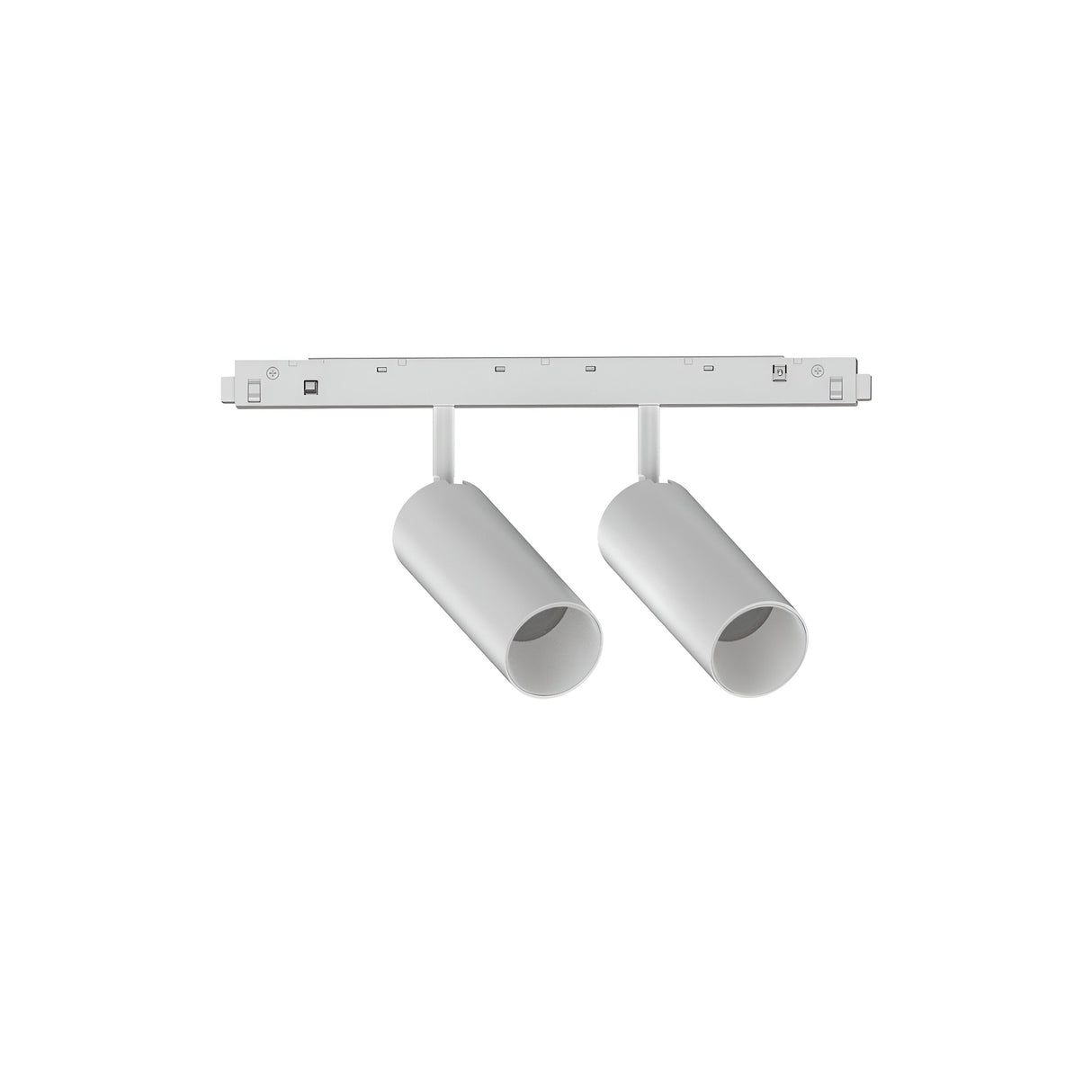 The Luxeon LED Magnetic Twin Track Spotlight 24W in white includes two cylindrical spotlights on a rectangular bar, featuring adjustable lighting direction and Luxeon LED technology, providing a warm 3000K light temperature for an ideal ambiance.