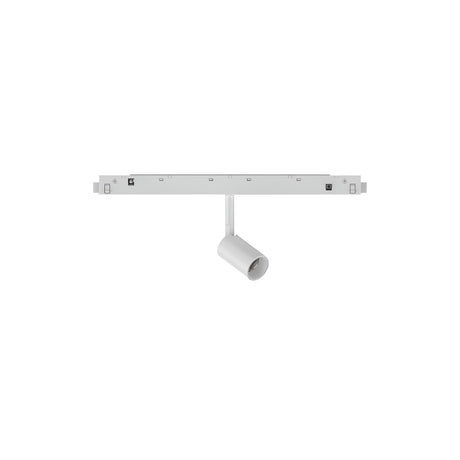 The Luxeon LED Magnetic Track Spotlight 3W 3000K - White is a minimalist lighting fixture featuring a single adjustable cylindrical light mounted on a sleek horizontal bar. It emits warm tones at 3000K, making it ideal for modern interiors while offering a stylish and energy-efficient solution.