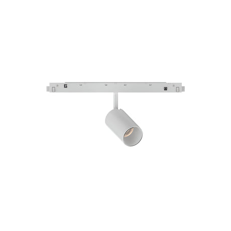 The Luxeon LED Magnetic Track Spotlight 8W 3000K in white features a contemporary cylindrical design affixed to a rectangular base. This energy-efficient lighting fixture is oriented downward, offering adjustable 3000K illumination for indoor environments.