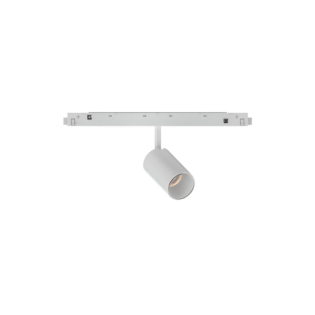 The Luxeon LED Magnetic Track Spotlight 8W 3000K in white features a contemporary cylindrical design affixed to a rectangular base. This energy-efficient lighting fixture is oriented downward, offering adjustable 3000K illumination for indoor environments.