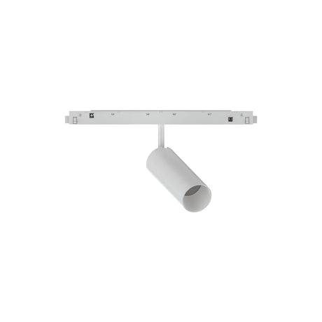 The Luxeon LED Magnetic Track Spotlight 12W 3000K in white is a minimalist ceiling-mounted light featuring a cylindrical design. It provides energy-efficient illumination with a color temperature of 3000K and is attached to a rectangular base for adjustable lighting direction, offering a sleek and modern look.