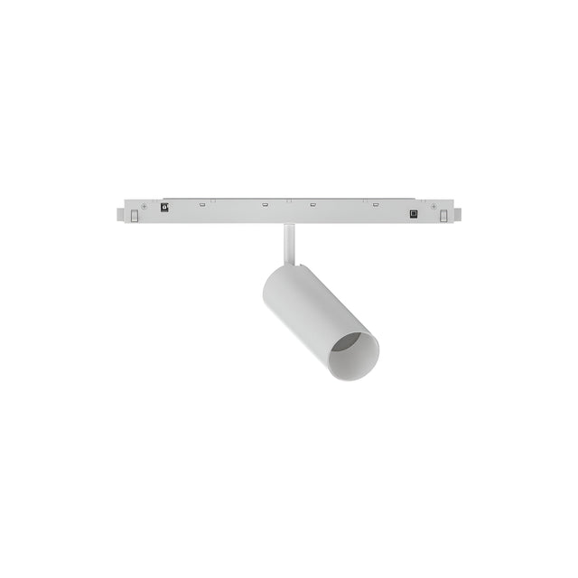 The Luxeon LED Magnetic Track Spotlight 12W 3000K in white is a minimalist ceiling-mounted light featuring a cylindrical design. It provides energy-efficient illumination with a color temperature of 3000K and is attached to a rectangular base for adjustable lighting direction, offering a sleek and modern look.