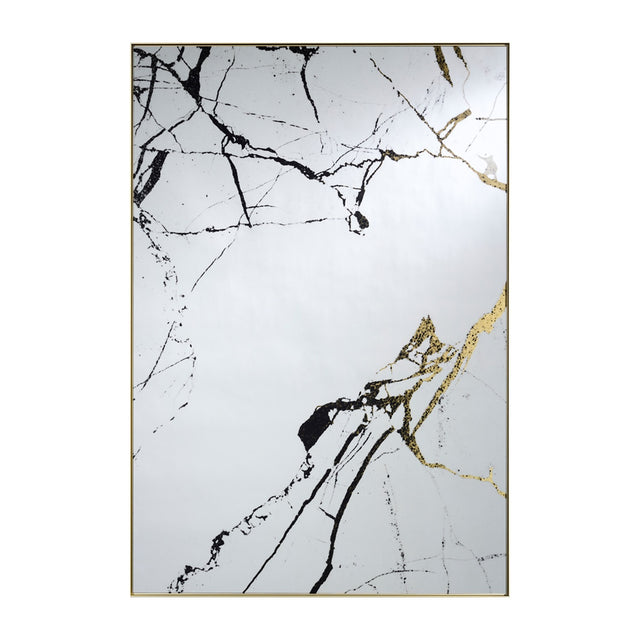 Rectangular wall mirror printed with black marble veining shot through with gold, held in a fine matt gold frame.