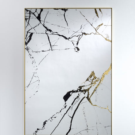 The marble printed mirror seen larger, the veins running from fine threads to broad seams across the silvered glass.
