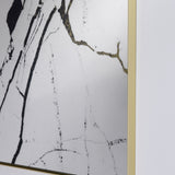 Close-up of the printed veining, black threads branching finely across the silvered surface.