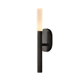The Aurelian LED Vertical Column Alabaster Wall Light in Matte Black & Soft White features a modern cylindrical base and frosted alabaster shade, mounted vertically for a sleek look.