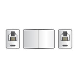 AVSL RJ11 6P4C inline coupler with back-to-back female sockets shown alongside end views of the 4-pin modular ports on a plain background.