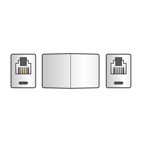 AVSL RJ11 6P4C inline coupler with back-to-back female sockets shown alongside end views of the 4-pin modular ports on a plain background.