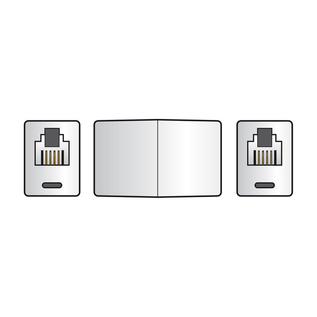 AVSL RJ11 6P4C inline coupler with back-to-back female sockets shown alongside end views of the 4-pin modular ports on a plain background.