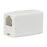 AVSL RJ11 6P4C inline coupler in white ABS plastic with two back-to-back female sockets, shown on a plain white background.