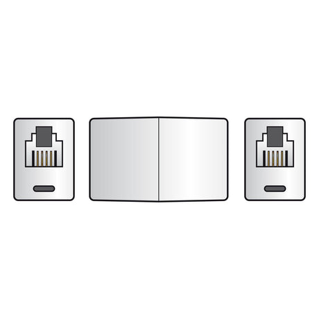 Illustration of an AV:Link Coupler RJ11 6P4C Socket flanked by two Ethernet ports. The coupler is positioned in the center with a port on each side, showcasing the metallic connectors within, emphasizing the connectivity interface for network cables and data connections.