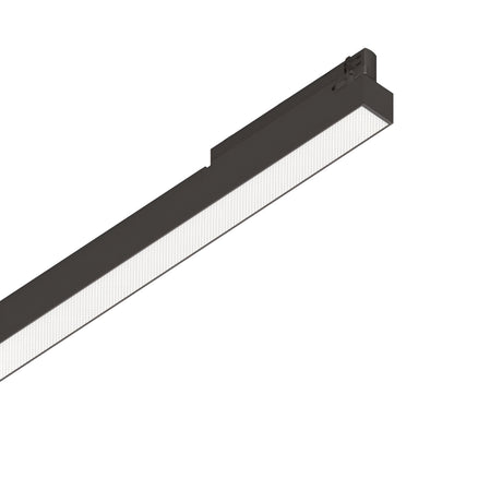 Showcased against a plain white background is the Dune UGR 3-Phase LED Linear Track Light, characterized by its sleek, elongated design featuring a black frame and a white illuminated panel. This 28W, 4000K track light offers glare-free lighting and is an optimal choice for modern spaces.