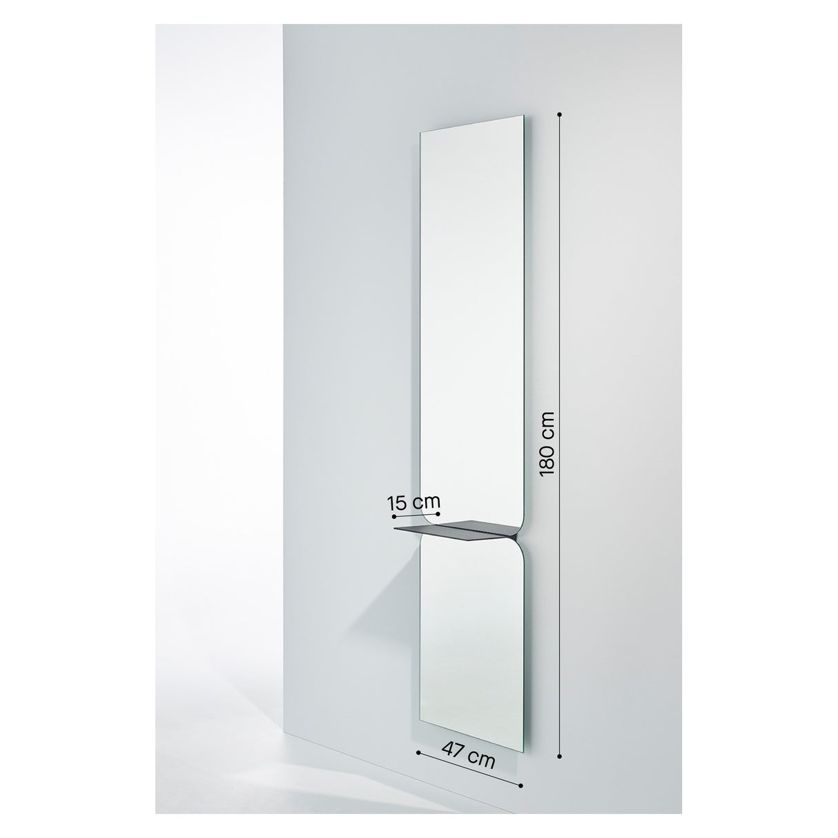 Taille full length hall mirror, 180cm rectangular frameless glass in two panes with a black metal shelf at the join, mounted on a plain white wall with dimension markers.