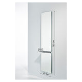 Taille full length hall mirror, 180cm rectangular frameless glass in two panes with a black metal shelf at the join, mounted on a plain white wall with dimension markers.