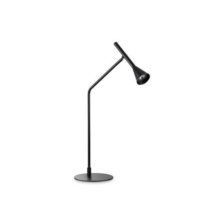 The Solenia LED Table Lamp 6.5W 3000K in black showcases a minimalist design with its sleek, slender curved stem and cone-shaped lampshade. It is set on a round base against a white background, providing an energy-efficient LED light source to efficiently illuminate any workspace.