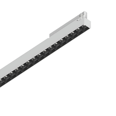 The Dune 3-Phase LED Linear Track Light 40W 3000K, measuring 1595mm in length and finished in white, boasts a sleek, minimalist design with a rectangular form containing multiple small square-shaped bulbs. Its energy efficiency and modern aesthetic make it perfect for contemporary interiors and it is compatible with a 3-Phase Track System.