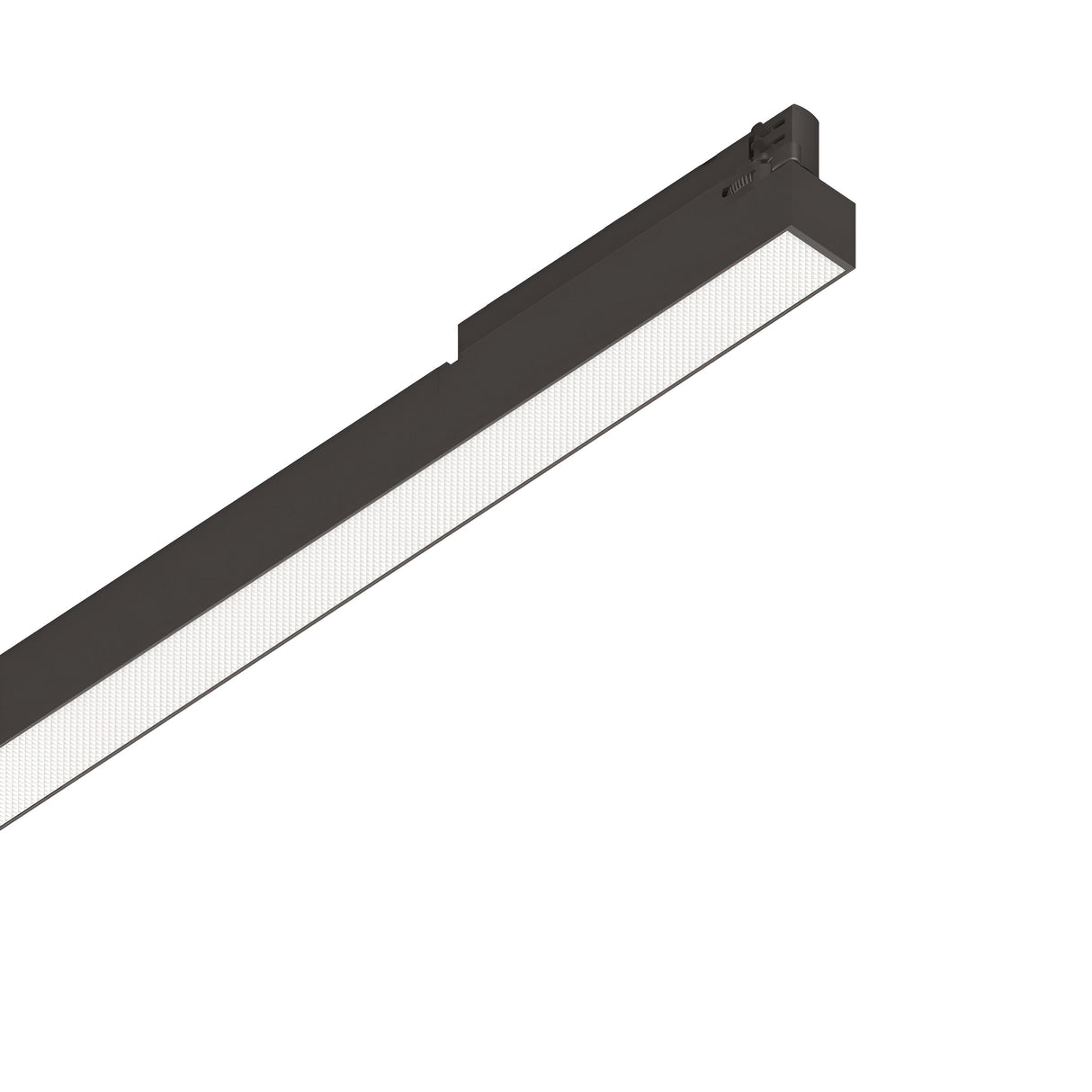 The Dune UGR 3-Phase LED Linear Track Light 28W 3000K - Black, measuring 1065mm, is elegantly placed diagonally against a white background. It emits a bright, even glow through its textured diffuser and is optimized for efficiency with its 3-phase track system.