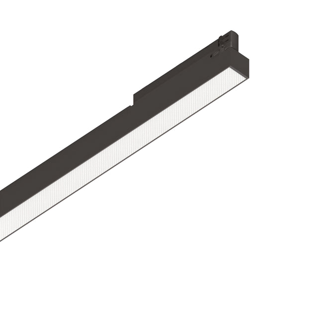The Dune UGR 3-Phase LED Linear Track Light 28W 3000K - Black, measuring 1065mm, is elegantly placed diagonally against a white background. It emits a bright, even glow through its textured diffuser and is optimized for efficiency with its 3-phase track system.