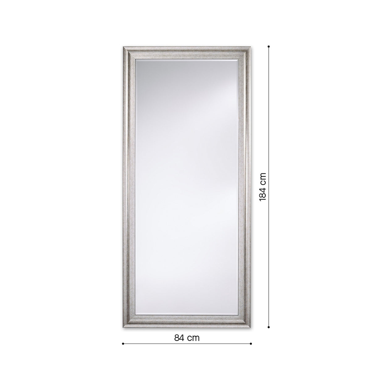 Metz Silver Ornate Framed Full Length Mirror, rectangular with a stepped moulded frame in broken silver finish, shown against a plain white background with 84cm x 184cm dimensions labelled.