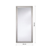 Metz Silver Ornate Framed Full Length Mirror, rectangular with a stepped moulded frame in broken silver finish, shown against a plain white background with 84cm x 184cm dimensions labelled.