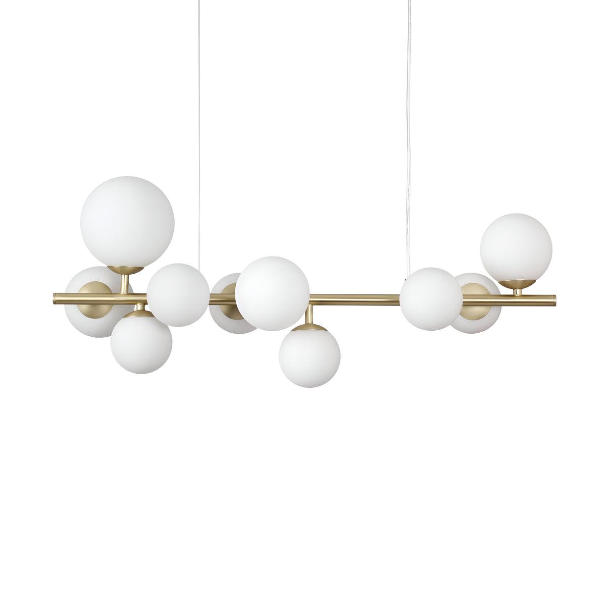 Introducing the Solana 10 Linear Suspension Light- White, this contemporary chandelier features a sleek brass metal frame adorned with numerous white spherical light fixtures arranged at different angles, creating an abstract design against a plain white background. Its minimalist aesthetic is ideal for enhancing any space in need of ambient lighting.