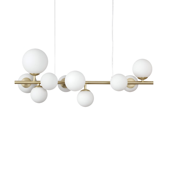 Introducing the Solana 10 Linear Suspension Light- White, this contemporary chandelier features a sleek brass metal frame adorned with numerous white spherical light fixtures arranged at different angles, creating an abstract design against a plain white background. Its minimalist aesthetic is ideal for enhancing any space in need of ambient lighting.