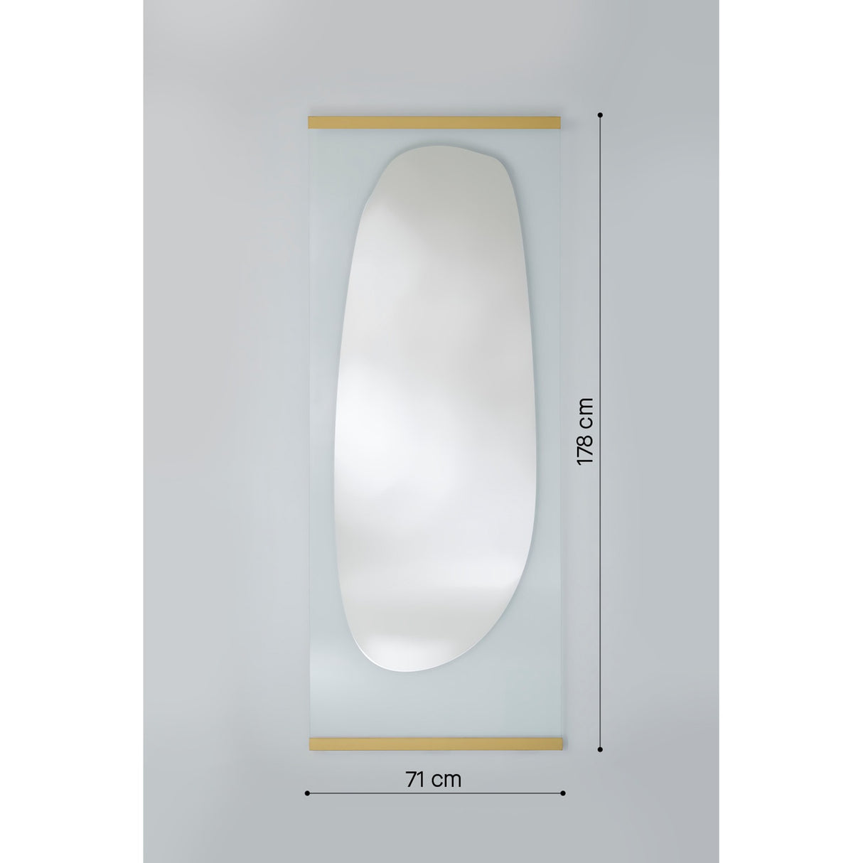 Obu Organic Full Length Leaning Mirror 178cm, a rectangular glass mirror with an organic rock-shaped silvered centre and gold-finished edges, shown with dimensions on a plain background.
