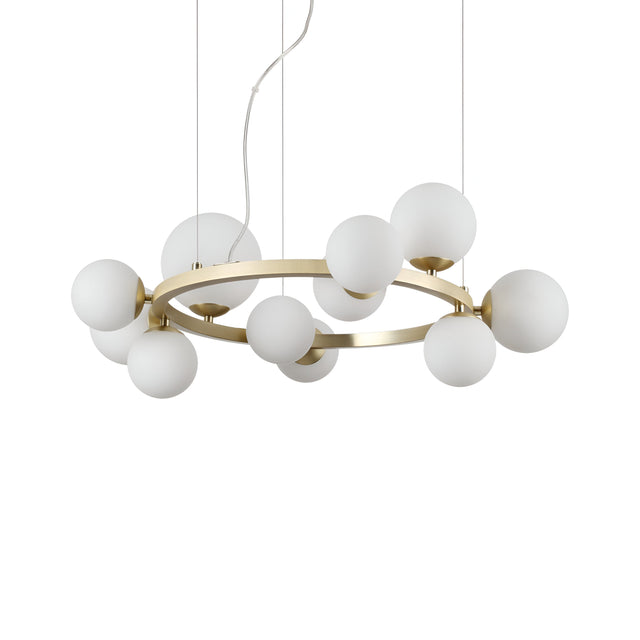 The Solana 11 Suspension Light - White exudes elegance with its gold circular frame and eleven globe-shaped bulbs. It hangs gracefully by thin wires, showcasing a white finish for a minimalist touch.