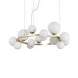 The Solana 14 Suspension Light - White showcases a circular gold frame embellished with several white globe-shaped lights. Hanging gracefully via thin wires, this fixture exudes a sophisticated and modern aesthetic, further elevated by its acid-etched glass detailing for a polished addition to contemporary lighting design.