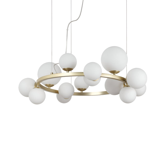 The Solana 14 Suspension Light - White showcases a circular gold frame embellished with several white globe-shaped lights. Hanging gracefully via thin wires, this fixture exudes a sophisticated and modern aesthetic, further elevated by its acid-etched glass detailing for a polished addition to contemporary lighting design.