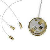 A close-up of the Solana 14 Suspension Light - White showcases a modern ceiling fixture with a round metallic base and three adjustable pendant lights. The sleek cables enhance the intricate geometric cutouts, while the acid-etched glass provides a contemporary lighting accent.