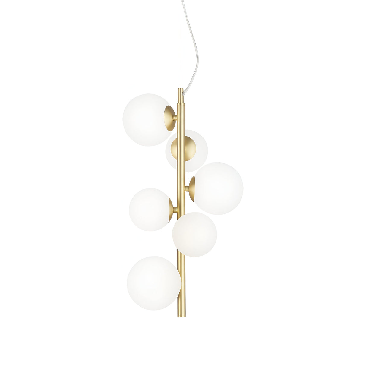 Introducing the Solan 8 Light Drop Suspension in brass: This contemporary pendant light showcases a sleek, minimalist design with eight spherical white glass globes arranged in a staggered vertical pattern. It's the perfect addition to contemporary interiors, offering a sophisticated touch of elegance and modern lighting.