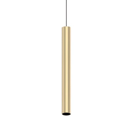Introducing the Pure LED Magnetic Track Pendant 12W 3000K On-Off in Gold—a sleek and modern lighting fixture that showcases a satin gold finish with a minimalist design. This elongated cylindrical pendant is gracefully suspended from a thin black cord, offering timeless elegance against a white background.