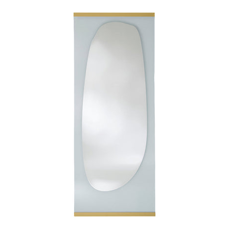 Obu Organic Full Length Leaning Mirror 178cm in Gold, featuring an organic rock-shaped silvered mirror on a clear glass panel with gold trim, set against a plain white background.