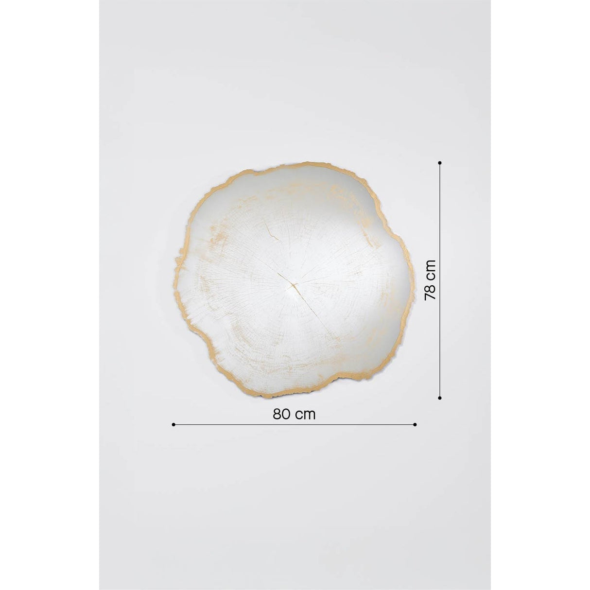 Arbo Gold Tree Ring Printed Glass Wall Mirror, 80cm wide irregular tree-slice shape with gold sawn-style edge and printed growth rings, shown with dimensions on a plain white background.