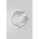 Frameless Arbo wall mirror shaped like a dark tree ring slice, 80cm wide x 78cm high, with charcoal bark-like edge and printed growth rings on the glass.