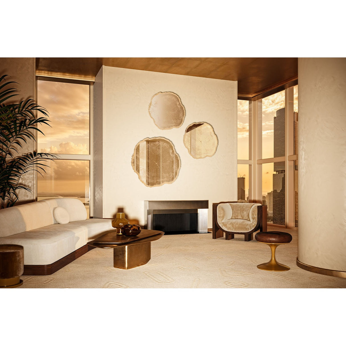 Arbo Gold Tree Ring Printed Glass Wall Mirror, 102cm, frameless irregular tree-ring shape in warm gold, shown as three mirrors above a media console in a living room.