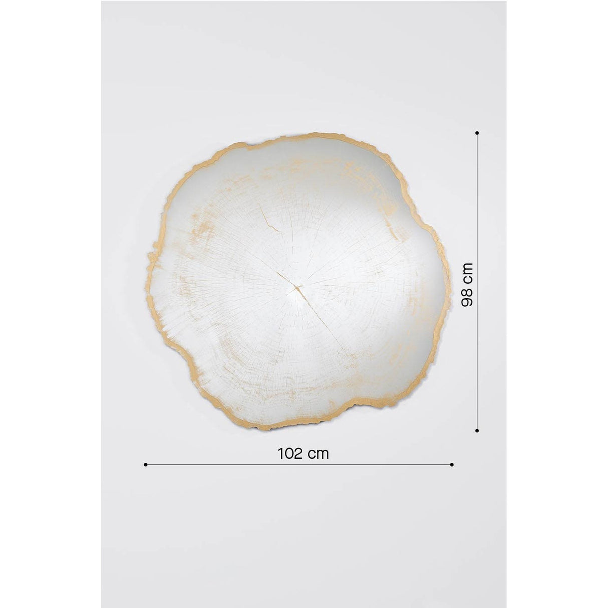 Arbo Gold Tree Ring Printed Glass Wall Mirror, 102cm x 98cm, featuring an irregular tree-section outline with a gold-toned growth ring pattern, shown on a white background with dimensions labelled.
