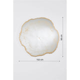 Arbo Gold Tree Ring Printed Glass Wall Mirror, 102cm x 98cm, featuring an irregular tree-section outline with a gold-toned growth ring pattern, shown on a white background with dimensions labelled.
