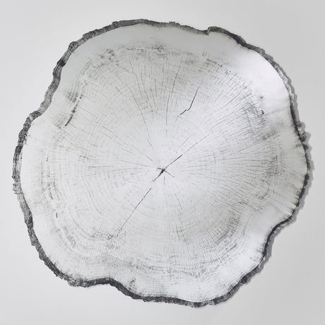 Arbo Dark frameless wall mirror with irregular tree ring-effect printed glass face and dark uneven edge, shown on a plain white background.