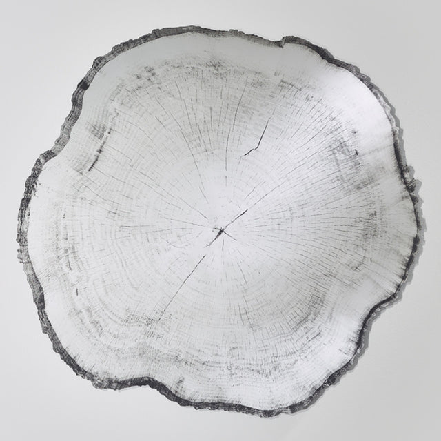 Arbo Dark frameless wall mirror with irregular tree ring-effect printed glass face and dark uneven edge, shown on a plain white background.